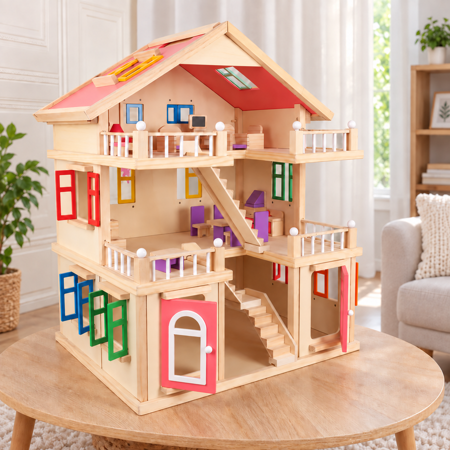 Three-Story Wooden Dollhouse Villa