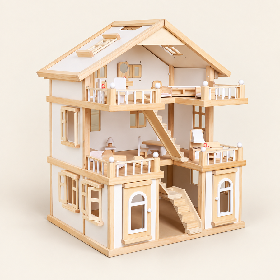 Three-Story Wooden Dollhouse Villa