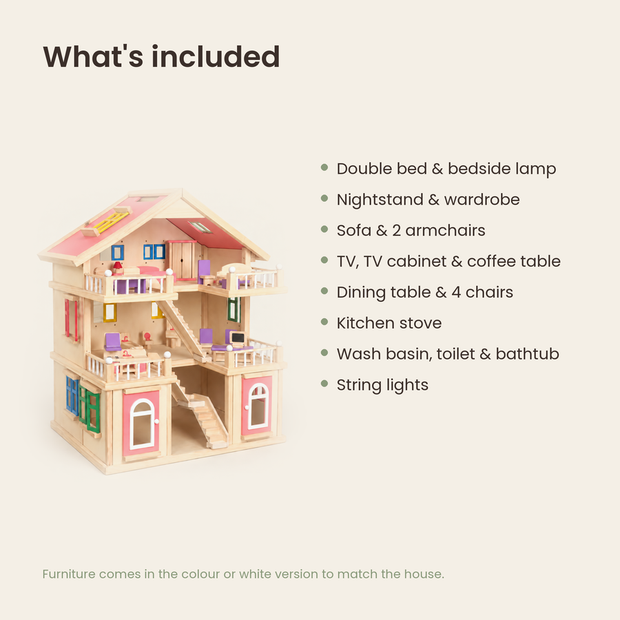Three-Story Wooden Dollhouse Villa