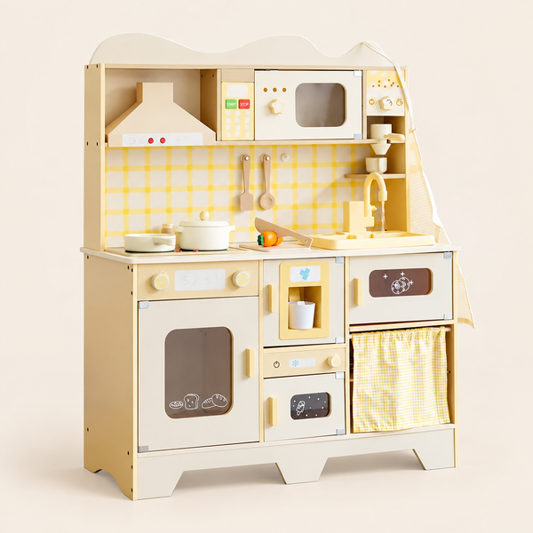 Cream and yellow wooden play kitchen with range hood, microwave, sink and oven