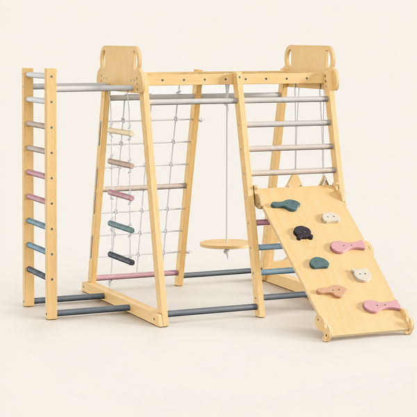 Wooden indoor climbing frame with ladders, rope ladder, disc swing and climbing ramp