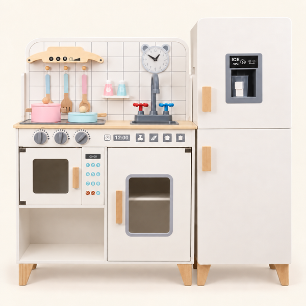 White wooden play kitchen with sink, stove, oven and matching refrigerator