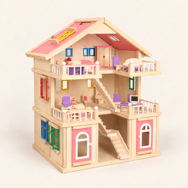Three-story wooden dollhouse villa with pink roof, staircases and balconies