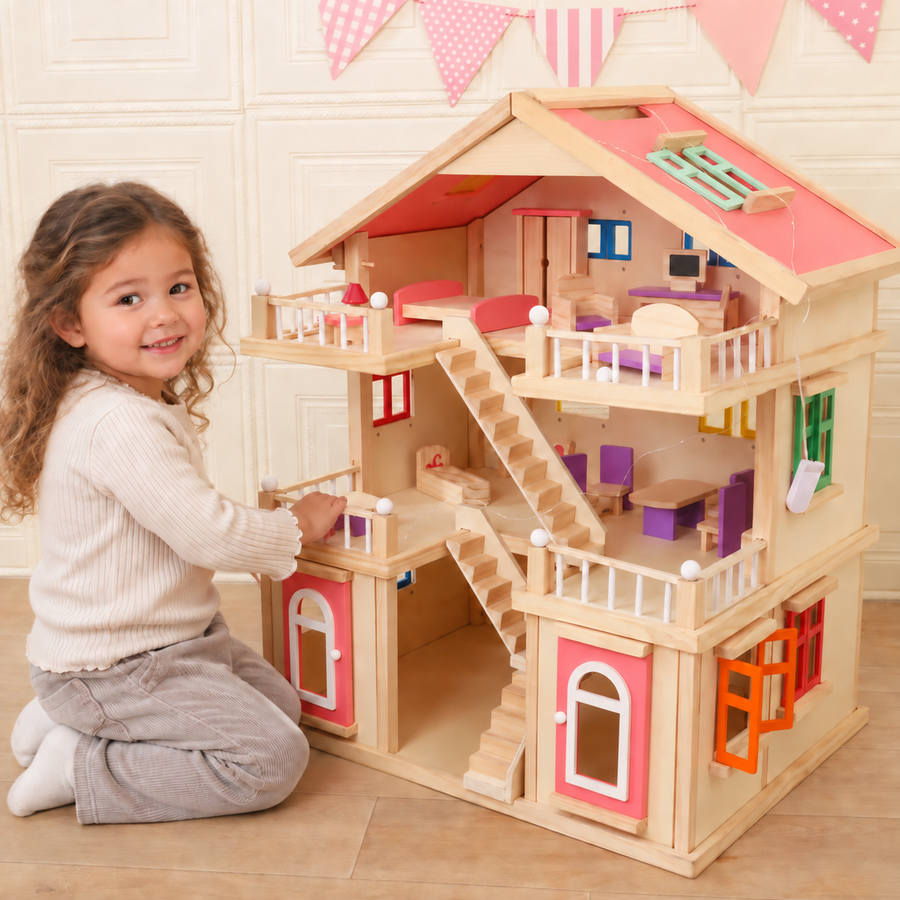 Three-Story Wooden Dollhouse Villa