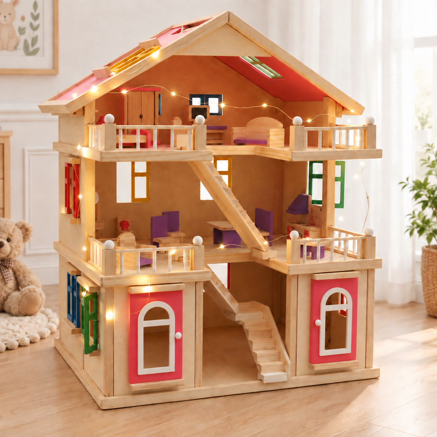 Three-Story Wooden Dollhouse Villa