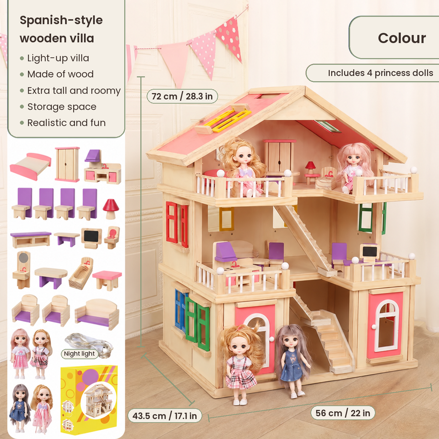 Three-Story Wooden Dollhouse Villa