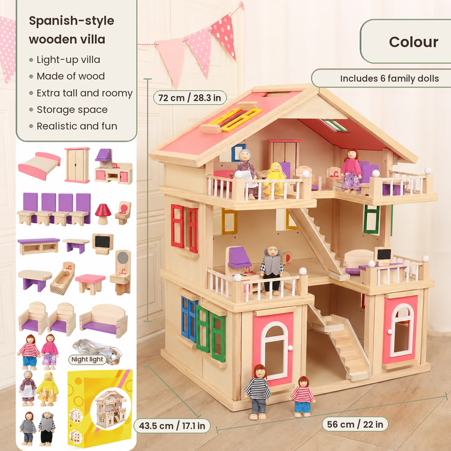 Three-Story Wooden Dollhouse Villa
