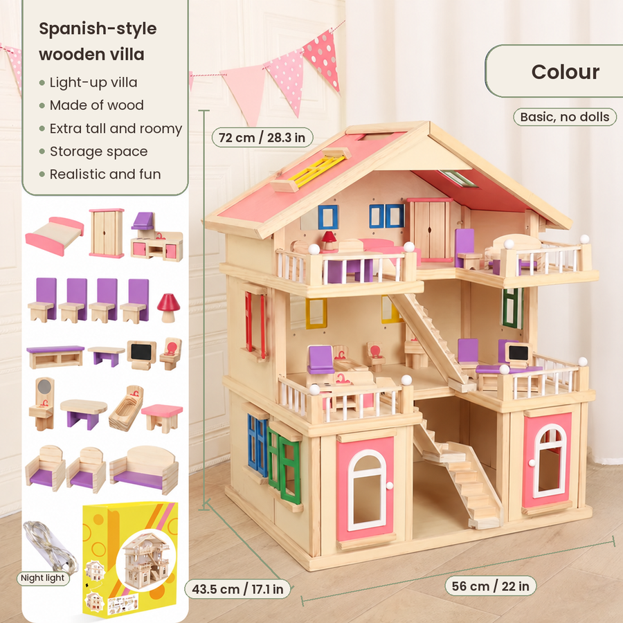 Three-Story Wooden Dollhouse Villa