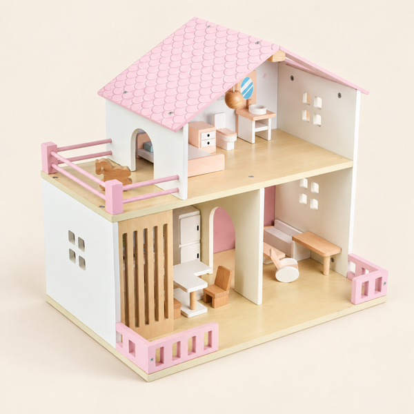 Two-story wooden dollhouse with pink roof, balcony and furniture