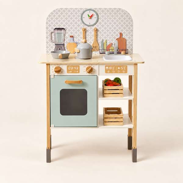 Little Chef wooden play kitchen with sage green oven, wall clock and cookware