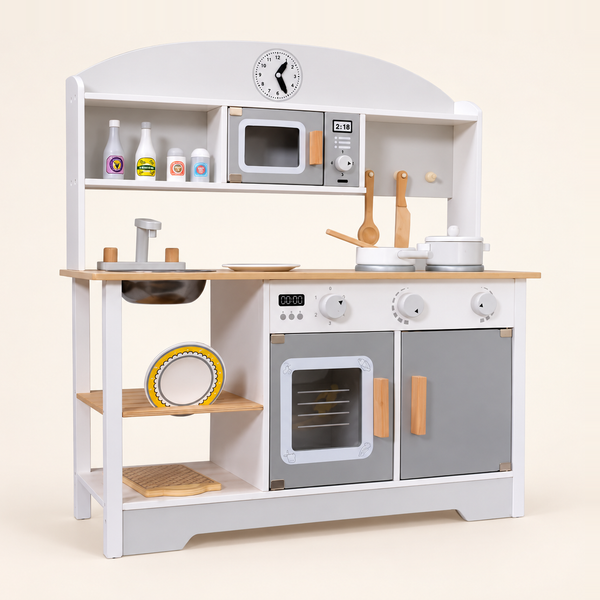 White and grey wooden play kitchen with microwave, sink, stove and oven